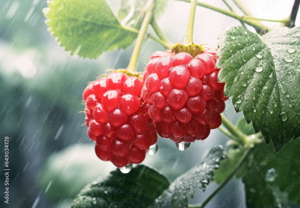 Branch of ripe raspberries in fruit garden. Red sweet berries and green leaves. Nature background. Illustration for cover, card, postcard, interior design, decor or print.