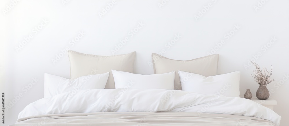 Colorful cushions on bed against a white backdrop