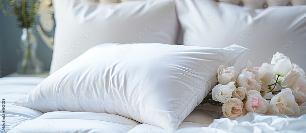 Close up of a beautiful bedroom with tidy white bedding and pillows