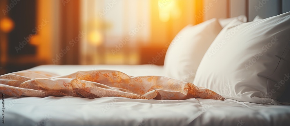 Blurry and defocused hotel bedroom interior for abstract background