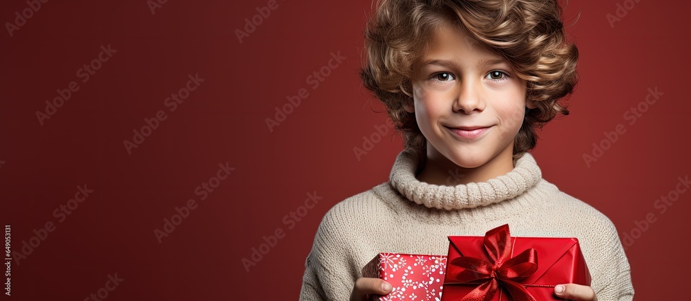 Boy posing with a New Year gift wearing a white sweater with a red pattern