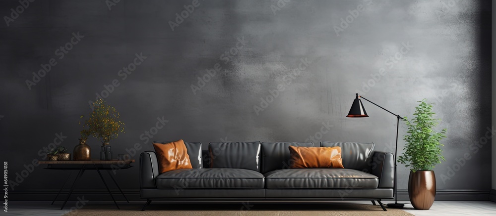 A modern sofa in the living room on a gray loft wall with a black color