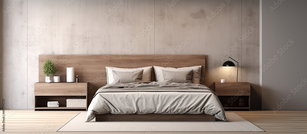 a modern bedroom with white walls wooden floor and two bedside tables next to a double bed