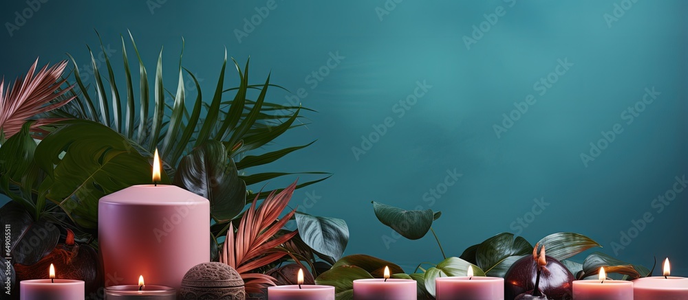 Artistic arrangement of candles and exotic foliage on vibrant backdrop