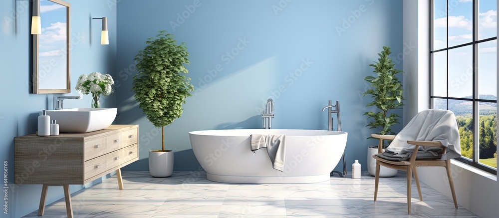 a cozy bathroom with a panoramic window blue and white walls tiled floor white sink on the countertop and a large mirror above it