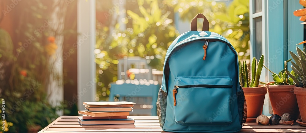 Back to school concept Blue backpack with supplies and computer on table in sunny children s room