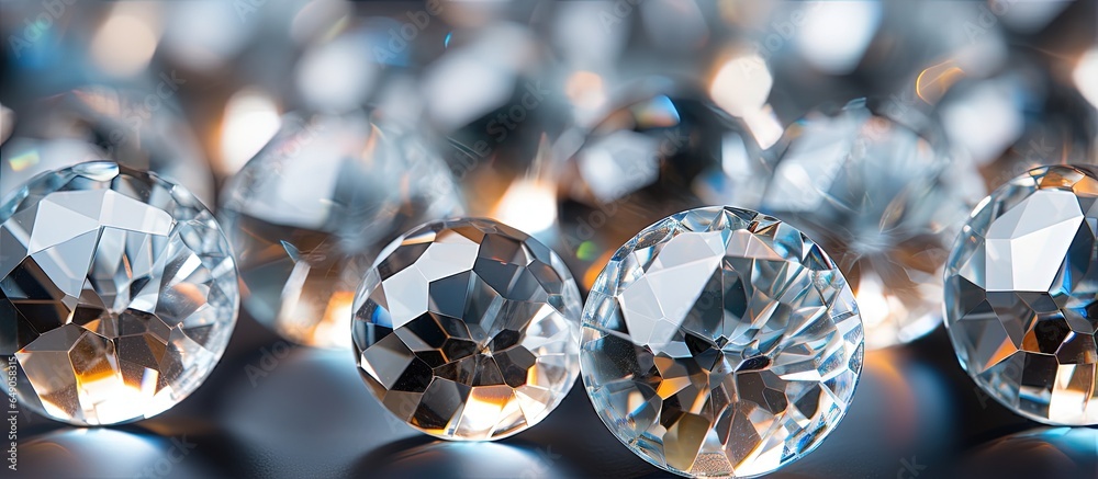 Close up of shiny round crystal chandeliers Luxurious lustrous texture Background of faceted glass balls Copy space