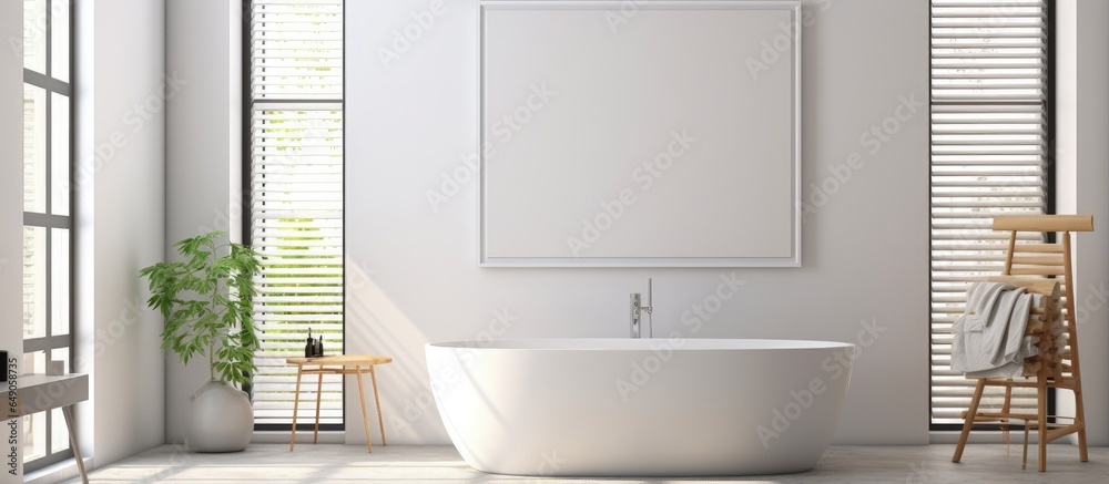 An interior bathroom with a bathtub is illustrated in ing featuring a white mock up design A white poster frame is placed on the clean bathroom floor alongside venetian blinds allowing sunl