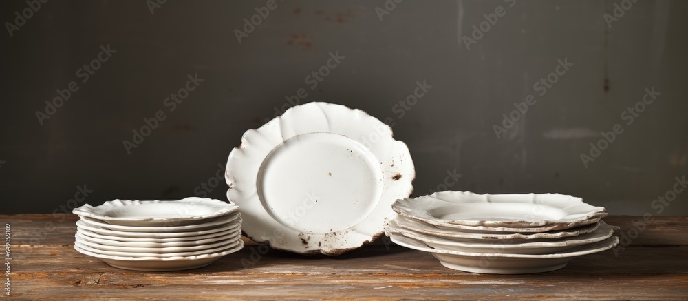 Antique white plates photographed in an old house