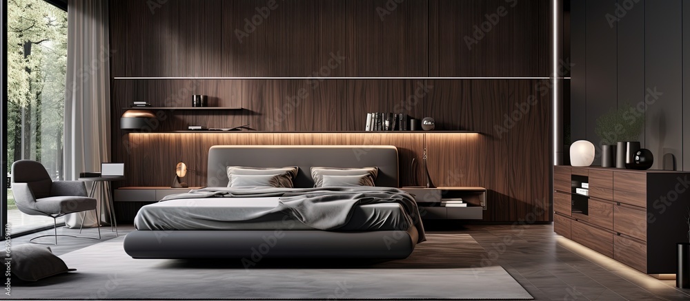 a stylish master bedroom with grey and dark wooden walls wood floor king size bed and makeup table with round mirror