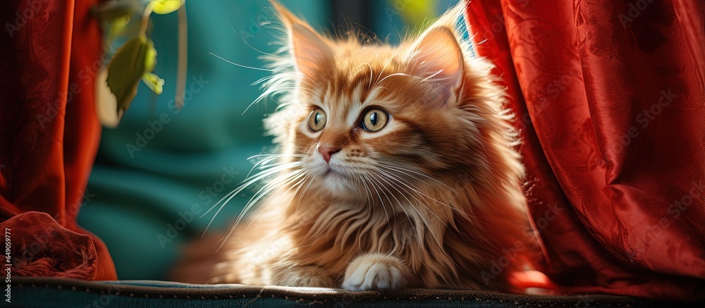 British Fanny a cat hides behind the window curtain