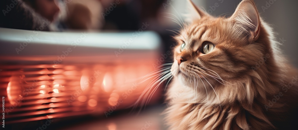 Closeup of a woman and her cat at home emphasizing an electric ultrared heater