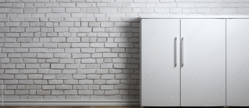 Closeup of refrigerator doors against a white brick wall with space for text