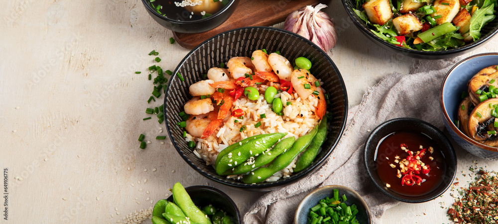 Asian food background with various ingredients on white background , top view.