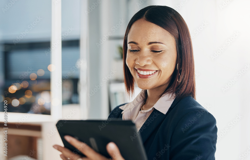 Woman in office with smile, tablet and reading email, HR schedule or report online for feedback. Internet, networking and communication on digital app, happy businesswoman at human resources agency.