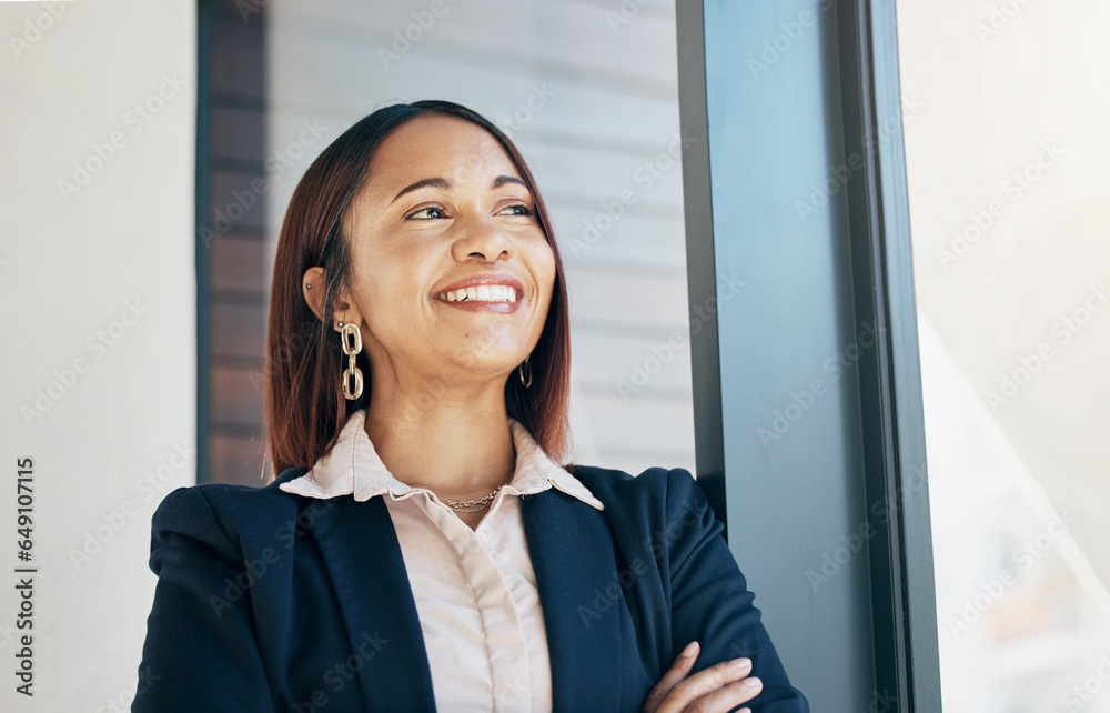 Thinking, crossed arms and business woman by window for ideas, career opportunity and job in office. Professional, happy and face of worker in workplace with confidence, ambition and success mindset