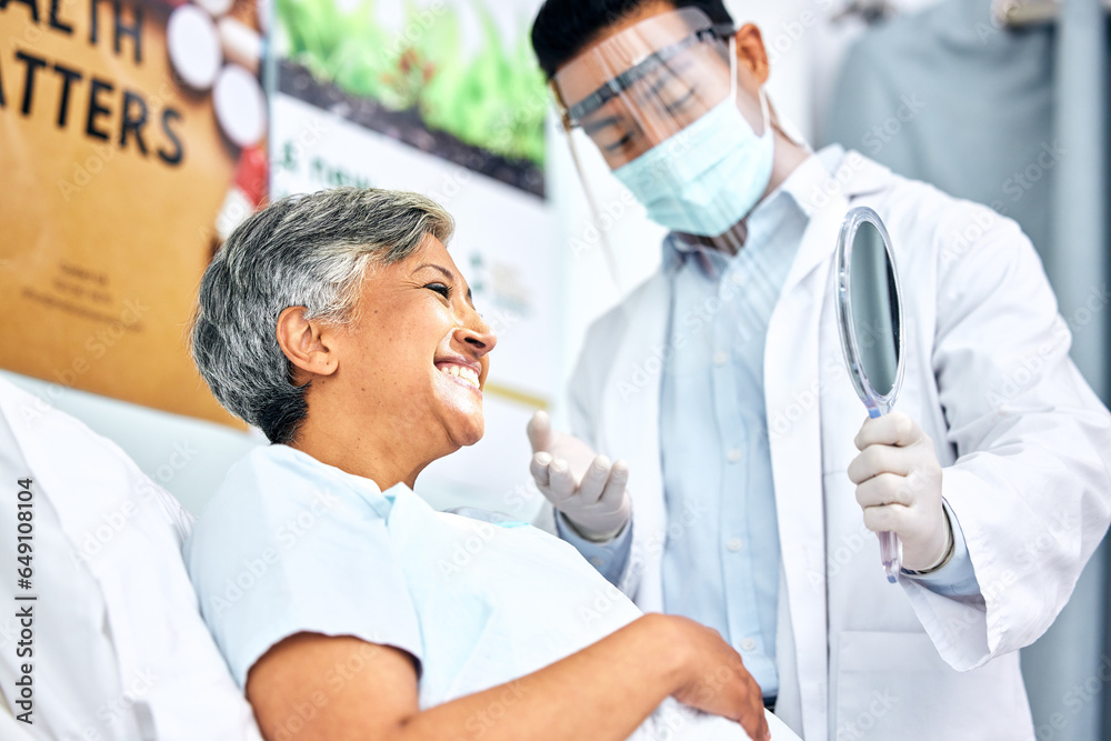 Dentist in mask, patient with smile and mirror for healthcare, cleaning and hygiene for teeth. Happy woman in chair, dental care technician and safety in surgery on mouth, professional doctors office