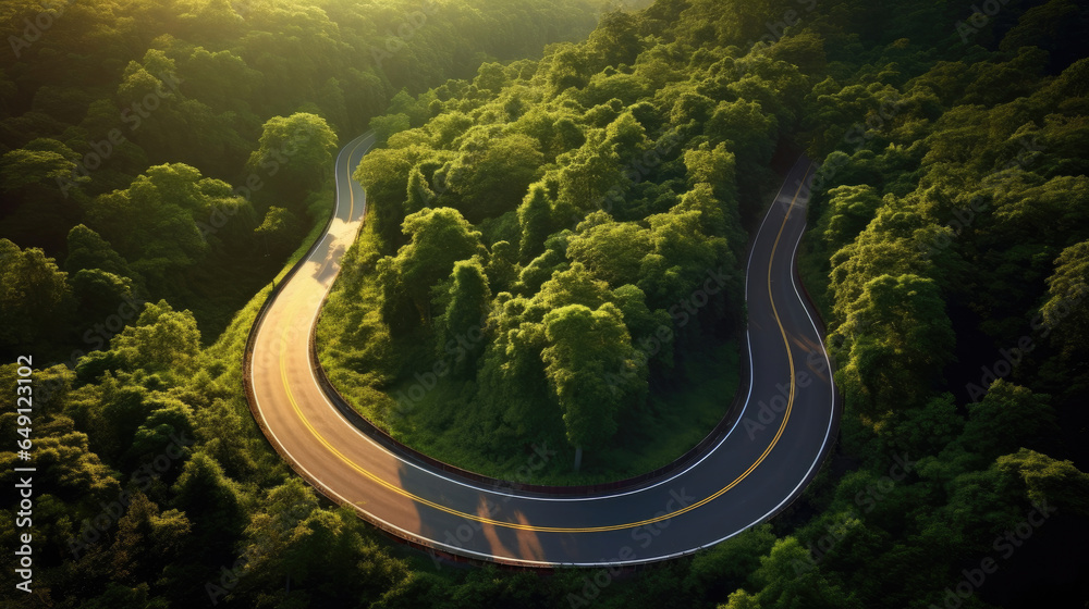 A curvy road in the middle of the forest. Top view. Generative Ai