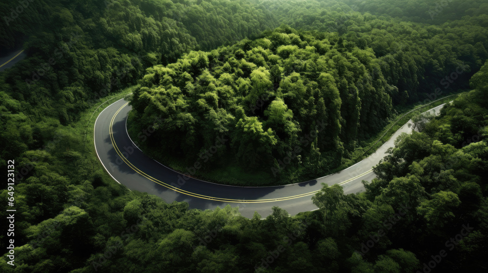 A curvy road in the middle of the forest. Top view. Generative Ai