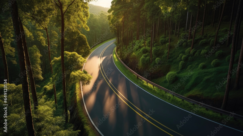 A curvy road in the middle of the forest. Top view. Generative Ai