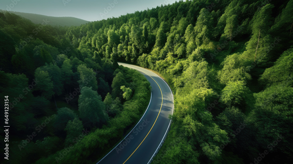 A curvy road in the middle of the forest. Top view. Generative Ai