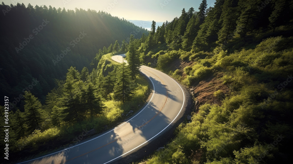 A curvy road in the middle of the forest. Top view. Generative Ai