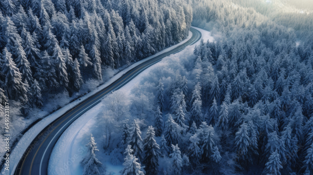 a Curvy windy road in snow covered forest. Top view. Generative Ai