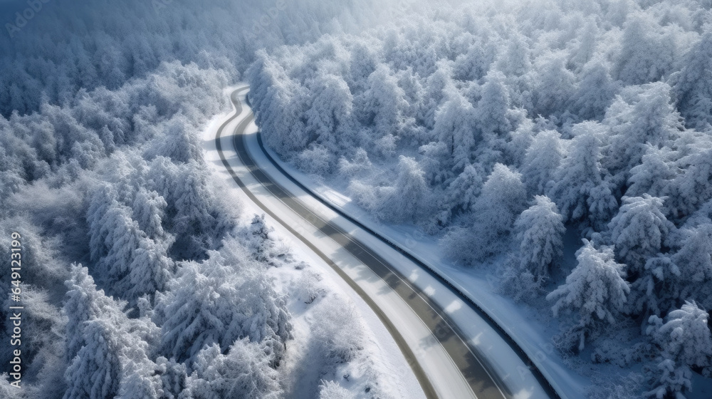 a Curvy windy road in snow covered forest. Top view. Generative Ai