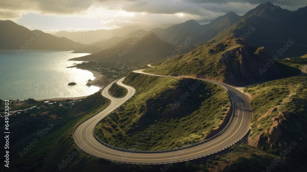 Aerial view of a winding road cutting through mountains or a coastal landscape, depicting natures grandeur. Road. Generative Ai