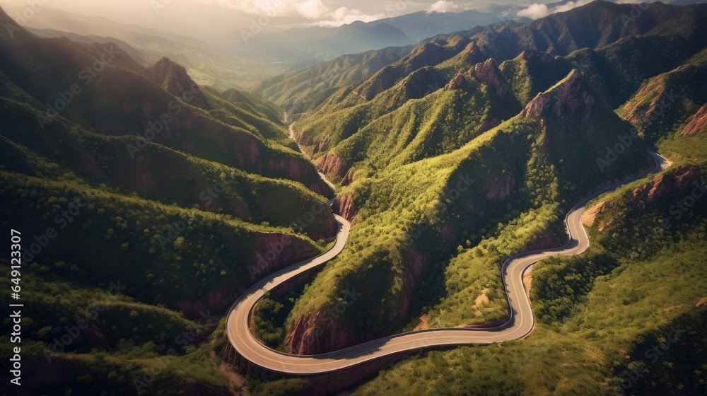 Aerial view of a winding road cutting through mountains or a coastal landscape, depicting natures grandeur. Road. Generative Ai