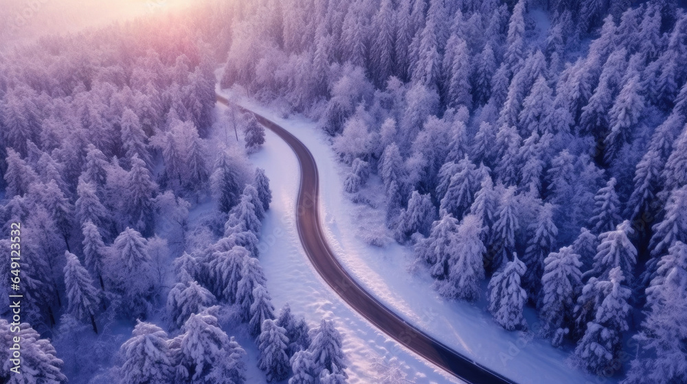 Aerial view of Curvy windy road in snow covered forest. Generative Ai