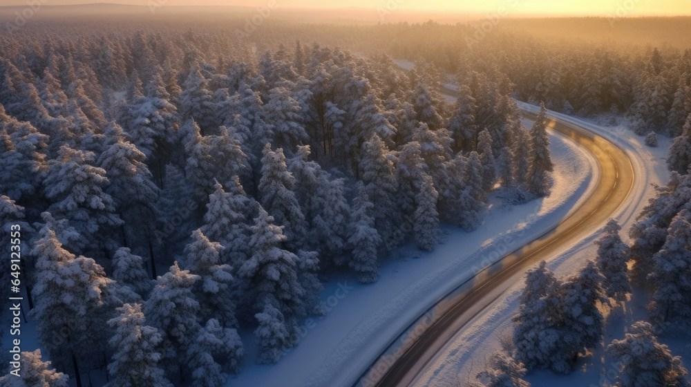 Aerial view of Curvy windy road in snow covered forest. Generative Ai