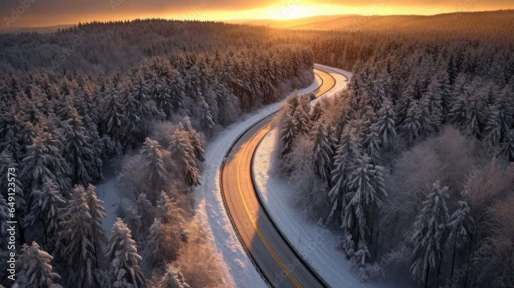 Aerial view of Curvy windy road in snow covered forest. Generative Ai