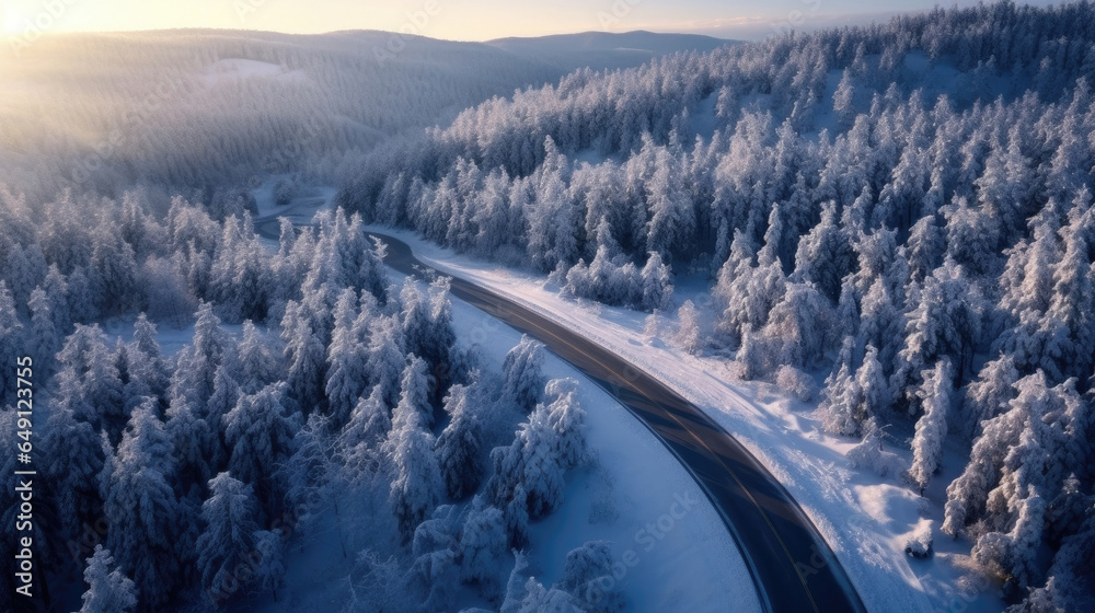 Aerial view of Windy and curvy road in snow covered forest landscape.  Generative Ai