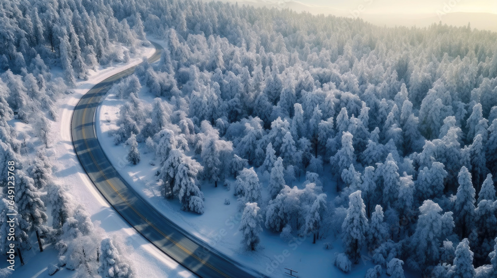 Aerial view of Windy and curvy road in snow covered forest landscape.  Generative Ai