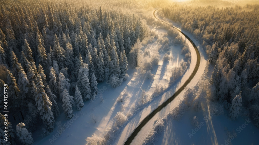 Aerial view of Windy and curvy road in snow covered forest landscape.  Generative Ai