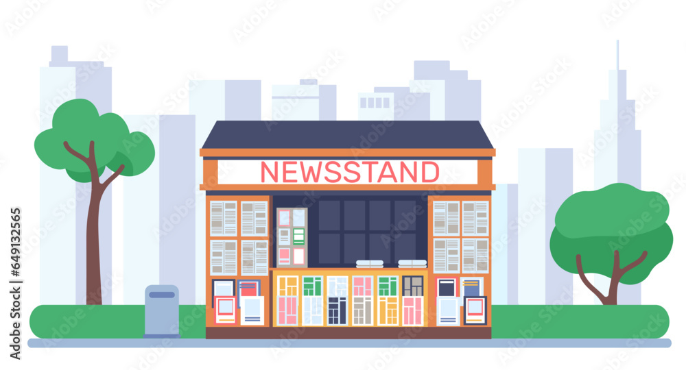 Newsstand kiosk selling magazines or newspapers against background of urban development. City landscape. News booth. Outdoor press shop showcase with journals. Street stall. Vector concept