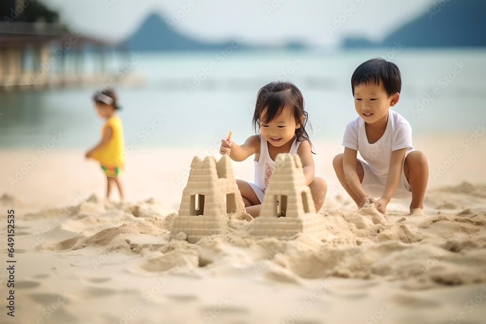 Happy Asian boy and girl playing on the beach building a sandcastle on summer holidays