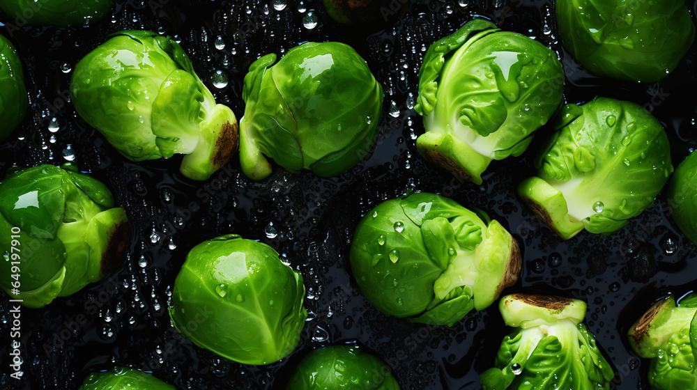 Fresh green brussels sprouts with water drops background. Vegetables backdrop. Generative AI