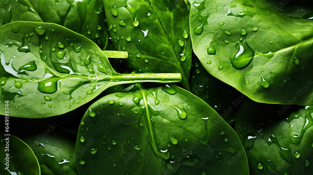 Fresh green spinach leaves with water drops background. Vegetables backdrop. Generative AI