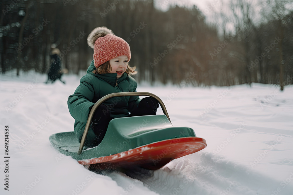 A delightful winter scene in which a boy, dressed in a warm red hat and clothes, sits on a sleigh in a snowy forest.