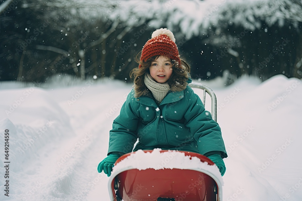 Happy little girl in a winter outfit sits in a sled and smiles in a snowy park, radiating warmth and joy.