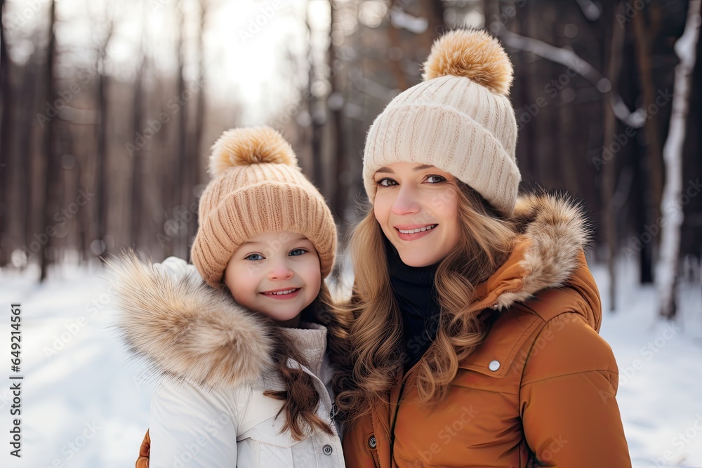 Portrait of a mother and her child enjoying a sunny winter day in the park, filled with love and joy.