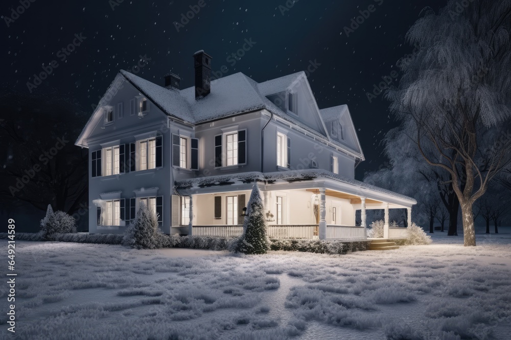 Cozy snow-covered cottage with festive Christmas lights and serene sky.