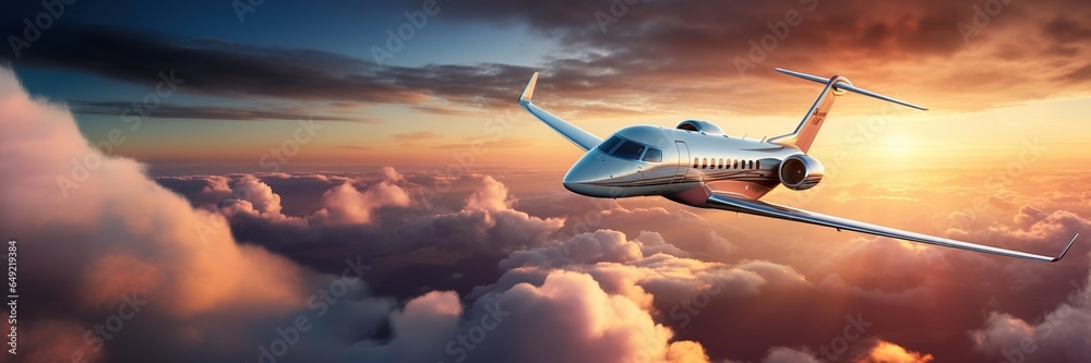 Luxury private jet flying above the clouds, beautiful sunset on background. Travel and airplane concept. Generative AI