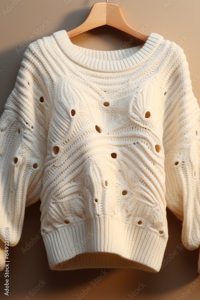 A white sweater with a sun line pattern on top of the sweater, star pattern, line pattern.