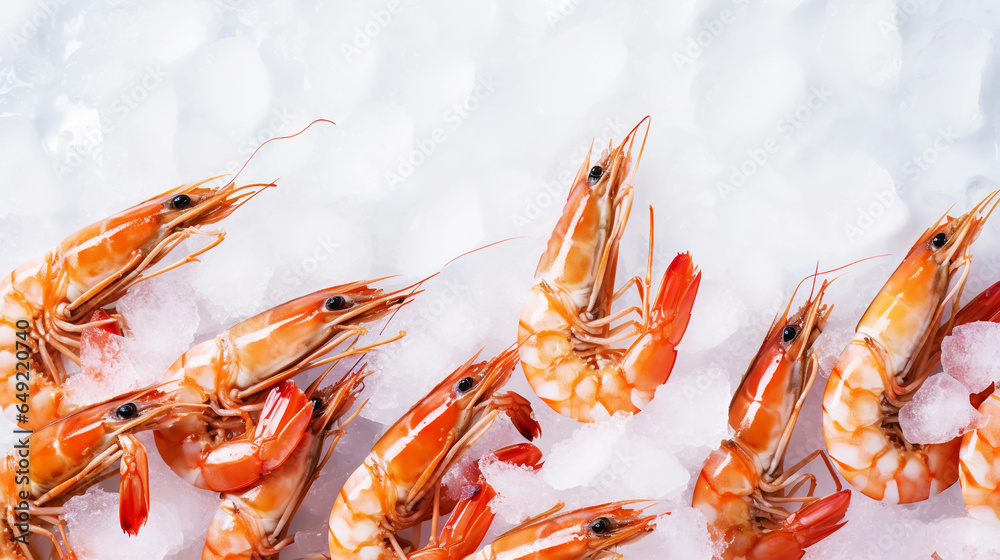 Top view of raw whole king prawns on ice. Seafood background. Generative AI