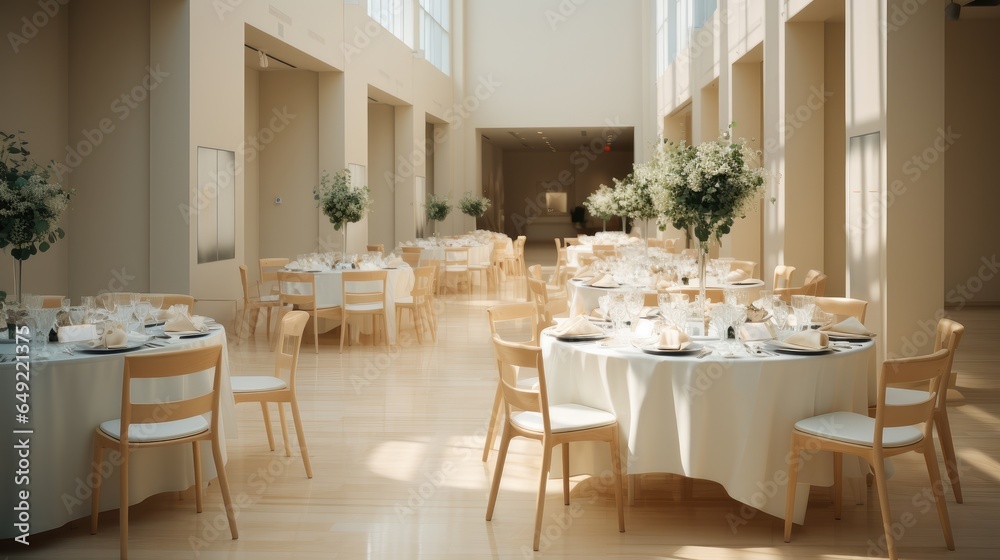 Interior of a banquet hall in hotel or in a luxury restaurant with round tables and chairs.