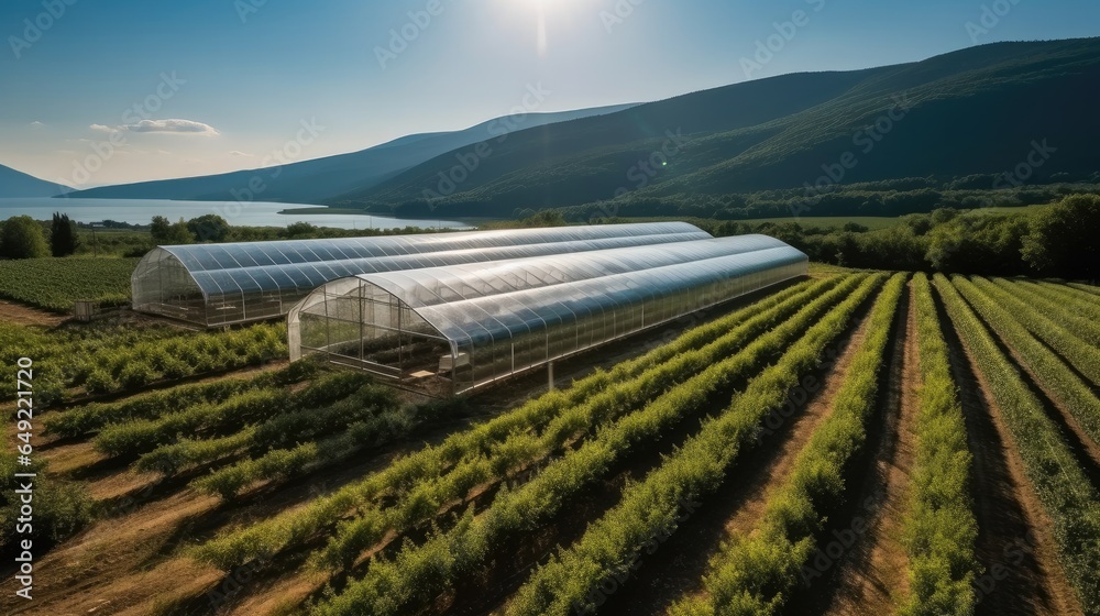 Aerial view, Greenhouse with photovoltaic solar panel.