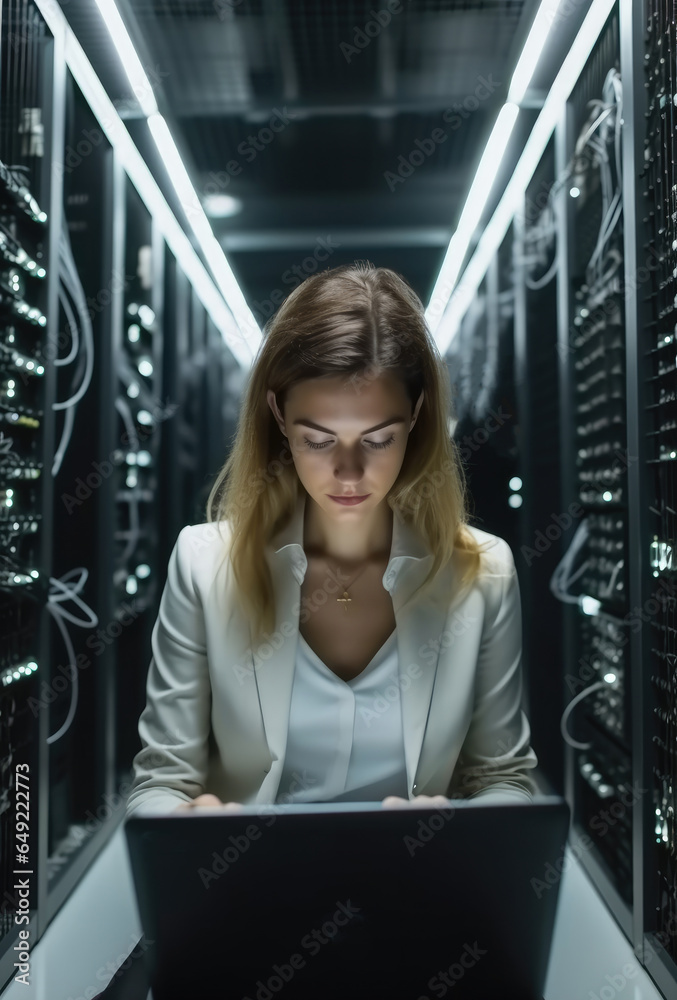 Business woman using a laptop working in Supercomputer Electricity Backup Room.